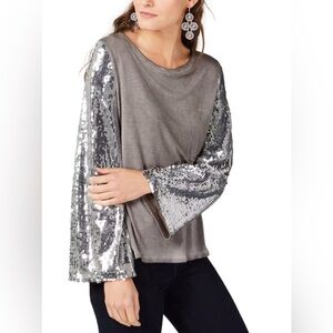 INC International Concepts Gray Scoop Neck Top Silver Sequin Flare Sleeves~ L